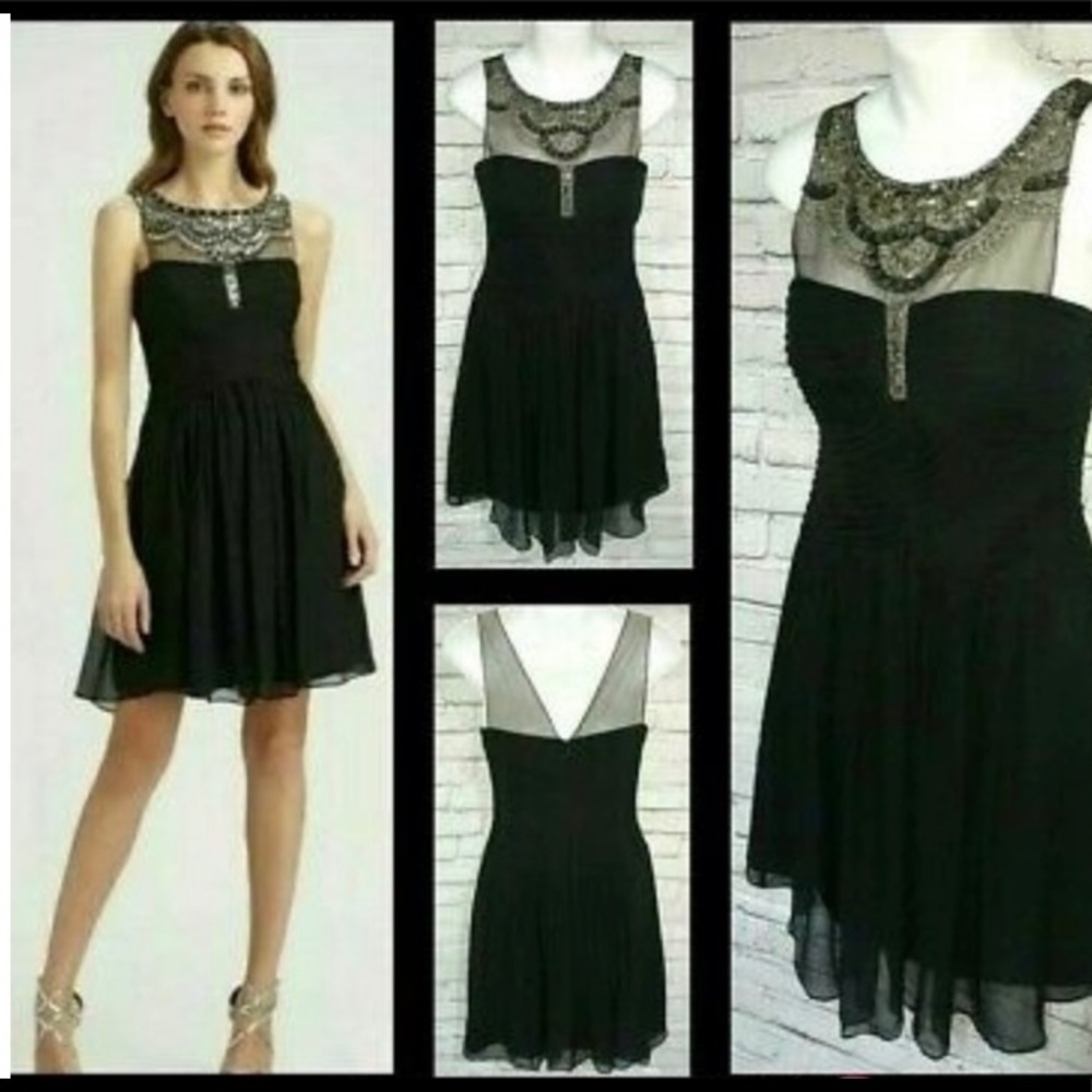 BCBGMax Azria Julissa Black Silk Dress with Beaded Jewel Neck Size 6